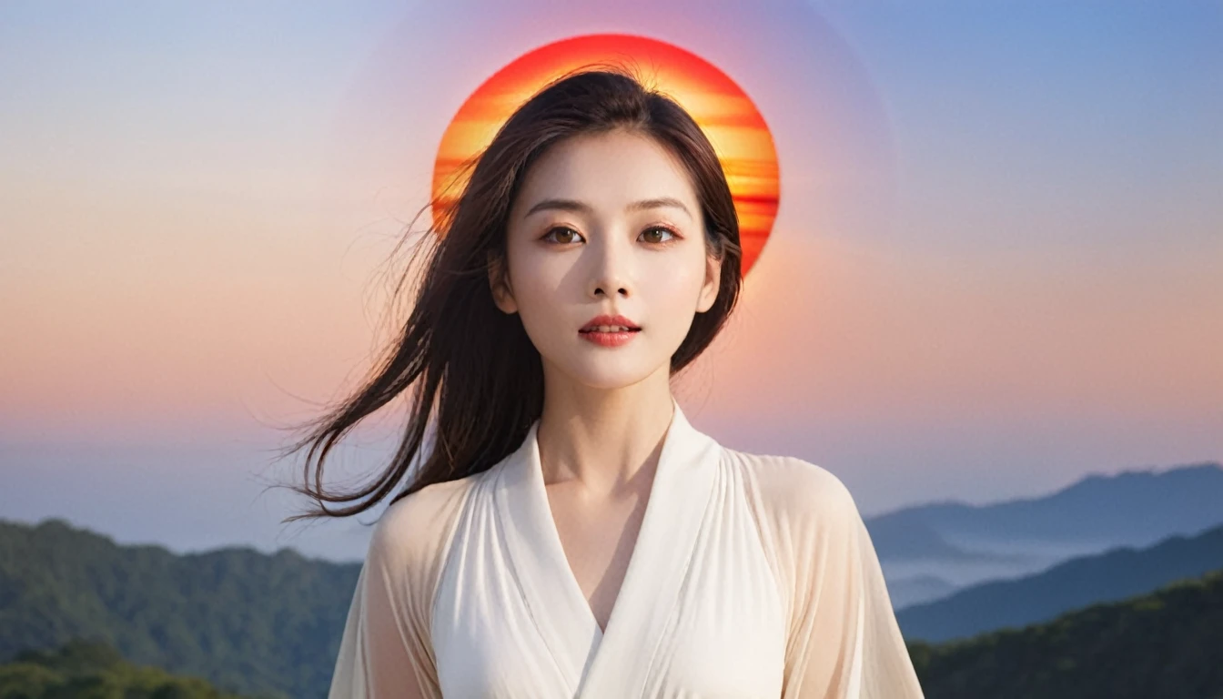 A beautiful woman with a lovely aura and a rising sun