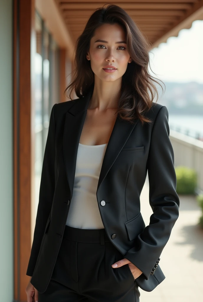 Woman in her 30s, brunette in a blazer, very chic Japanese 

