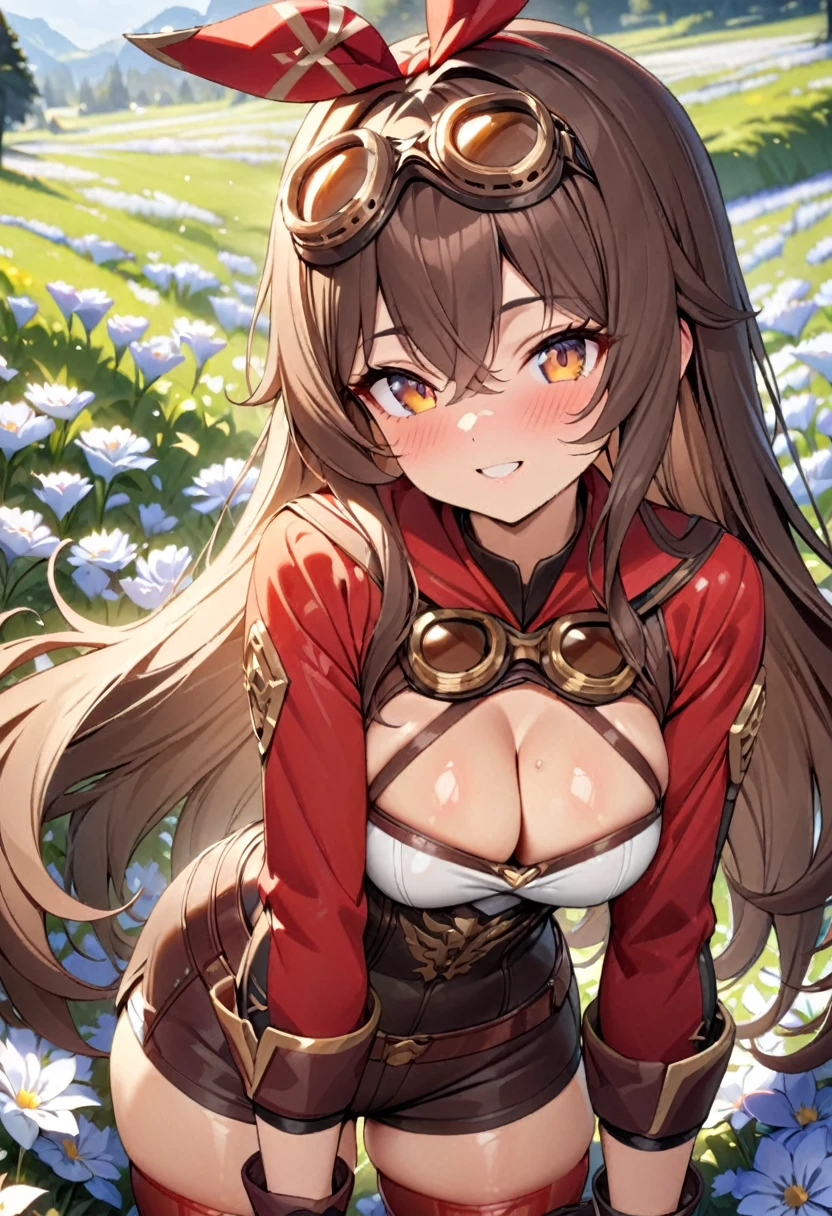 goggles,long hair,gloves,shorts,brown hair,red thighhighs,cleavage,red ribbon,long sleeves, girl, (((best quality)), ((masterpiece)), (details), masterpiece, best quality, high quality, super detailed, perfect face, Shiny Hair、Shiny skin、smile、Outdoor、Flower Field