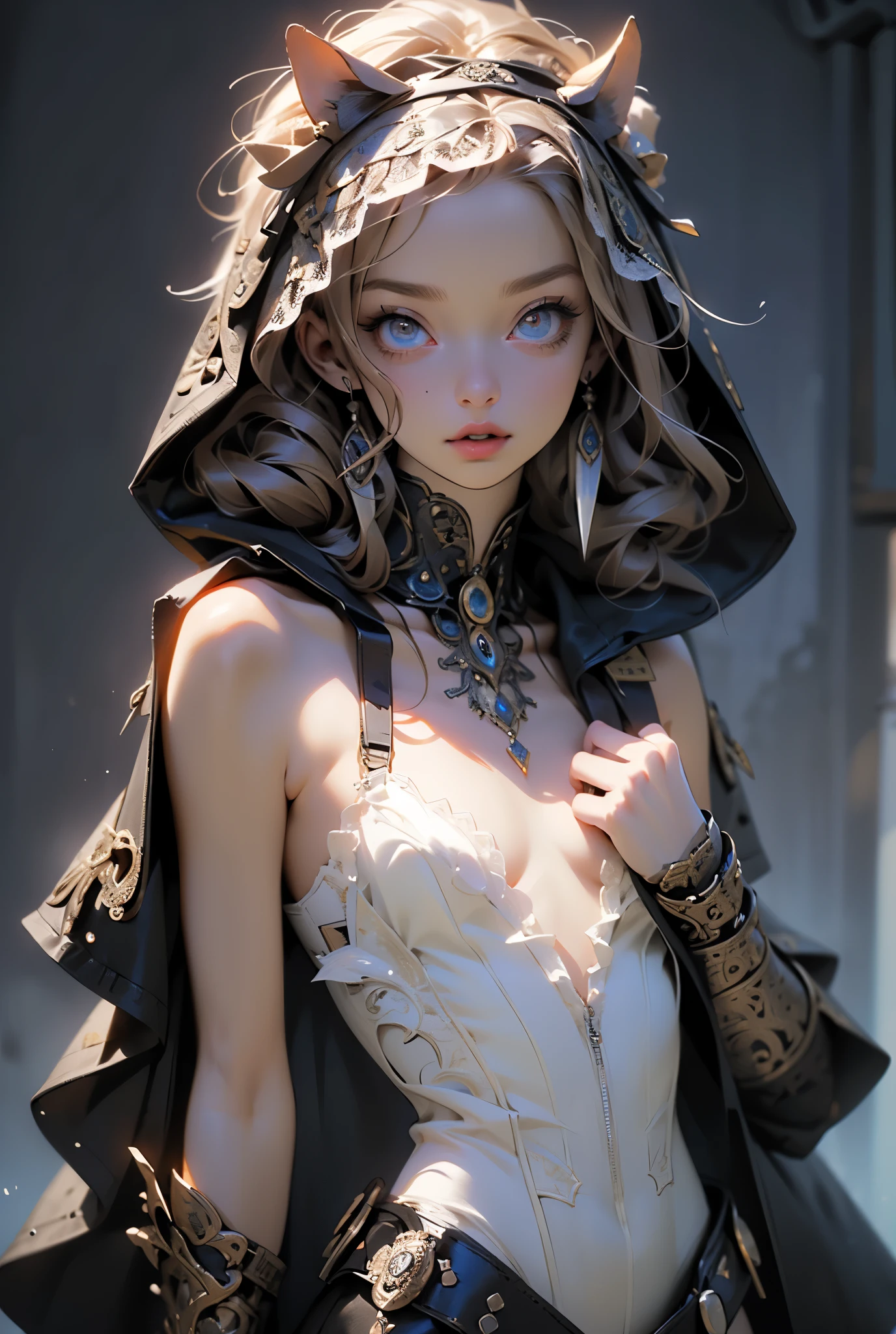 (((masterpiece, of the highest quality, super detailed))), (a female knight of an occult order), Edwardian/Victorian era inspired, ((minimal but intricate beautiful armour)), Fluttering lace flared dress with frilly petticoats, ((((Highly detailed face))), (((Very sharp focused eyes))), very long eyelashes, small breasts, (((flat chest:1.1))), occult aesthetic, (red and white clothing detailed and intricate steampunk and detailed gothic), (with a hood), complex lace boots,