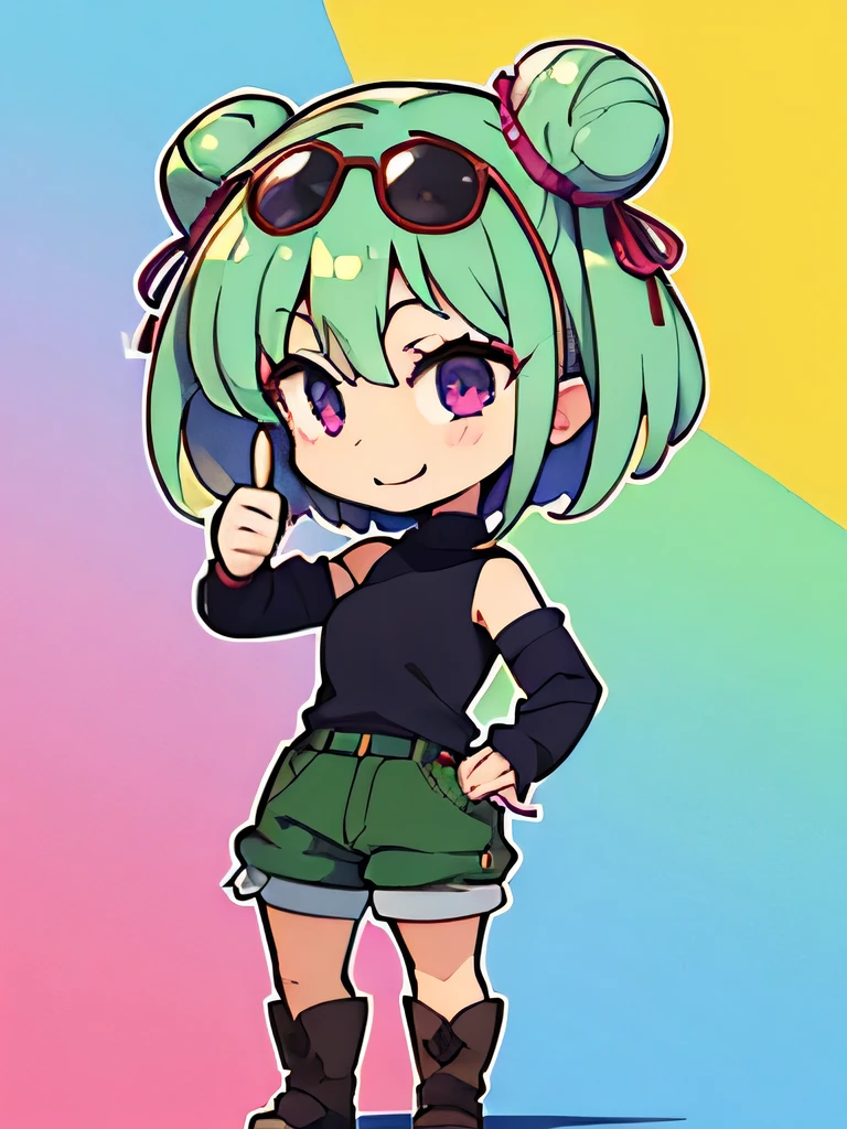 (highres), (best quality), (detailed), (chibi art style)1 girl, alone, medium hair, pastel green hair, twin buns, violet eyes, round black sunglasses on head, black sleeveless turtleneck top, green shorts, dark brown boots, thumbs up, smiling