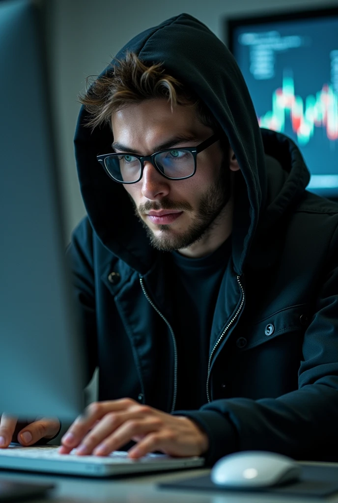 26 year old man dressed in black with glasses and a hood, Green eyes with a computer making operations in the financial market ,in high quality