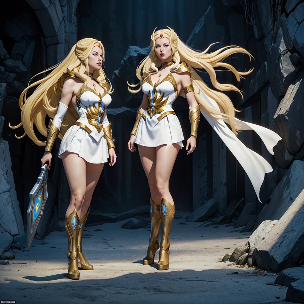(((Full body image))) A beautiful female warrior, With long white hair and eyes, Wearing white and gold DC Comics Shazam armor,There are several rays on the body