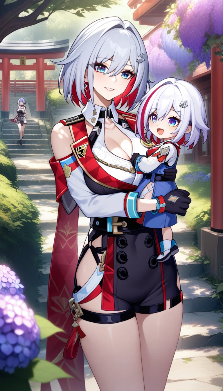 mother and daughter, age_difference,size_difference, two girl huge each other, masterpiece, best quality, very aesthetic, absurdres, ,mature mother and cute daughter, topaz \(honkai: star rail\), honkai: star rail, multicolored hair, breasts, red hair, gloves, streaked hair, black gloves, short hair, blue eyes, white hair, grey hair,Wallpaper Fusion, dappled sunlight, day, flower, hydrangea, leaf, light rays, nature, outdoors, path, plant, purple flower, scenery, stairs, sunlight, torii, tree, wisteria,surrounding by flowers,falling_petals, petals,,