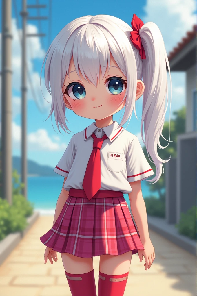very fine 8kcg wallpaper,white hair,best masterpiece,masterpiece,(((()))),(petite),cute,kawaii,baby face,cute eyes,bracelet,(side pony tail),long hair,realistic detailed hair,heartily laugh,outdoor,((((tatoo)))),(flat chest),(skinny legs),(slim thin),((slim thighs)),
break,
(school uniform,open collared blouse,white blouse,white,short sleeves,plaids mini skirt,hot pink skirt,beautiful detailed tie,red tie),red thigh high socks,garter belt,garter straps,