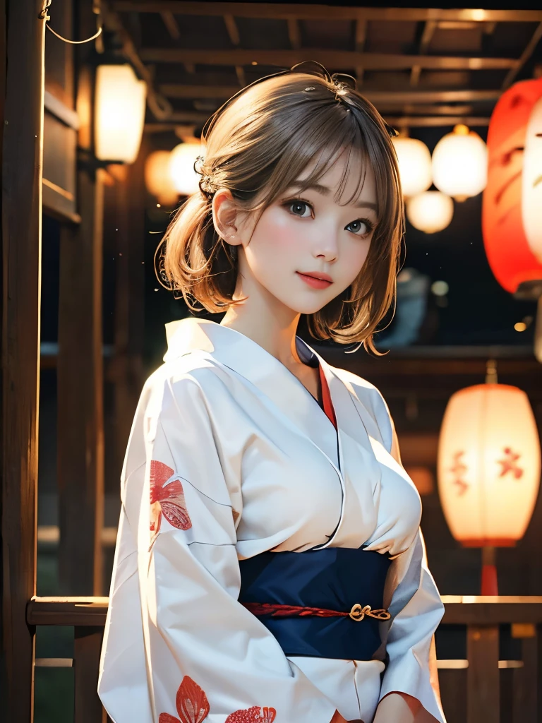 Perfect natural light、8K High Resolution、High resolution、Beautiful woman、masterpiece、Gravure image quality、Light hair color、Beautiful Mature Woman、Summer festival in yukata、Large Breasts