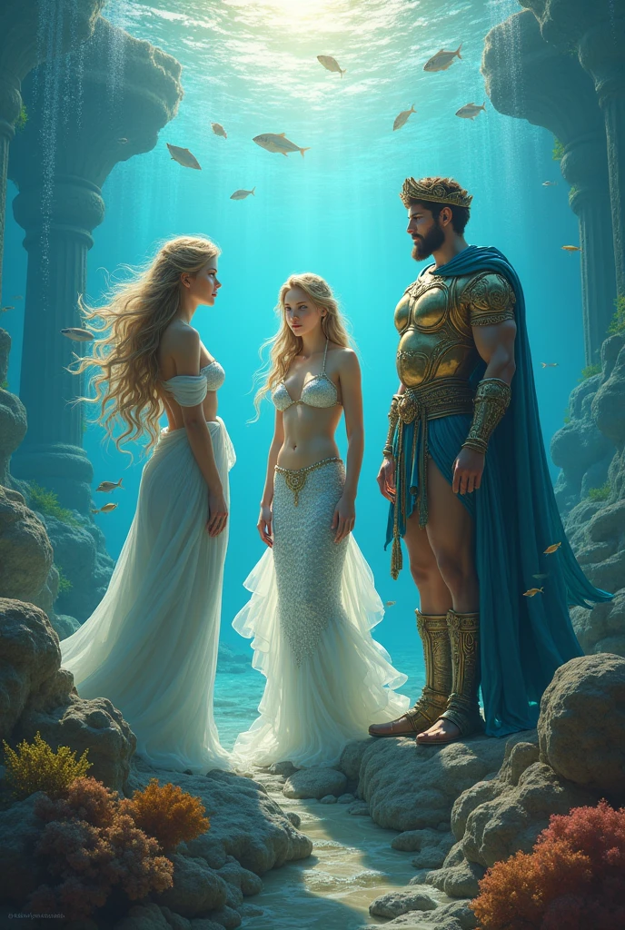 Make me an image of the beauty archetype of Aphrodite next to the magnetism-only archetype of the mermaid and the wisdom archetype of Athena in the same image 