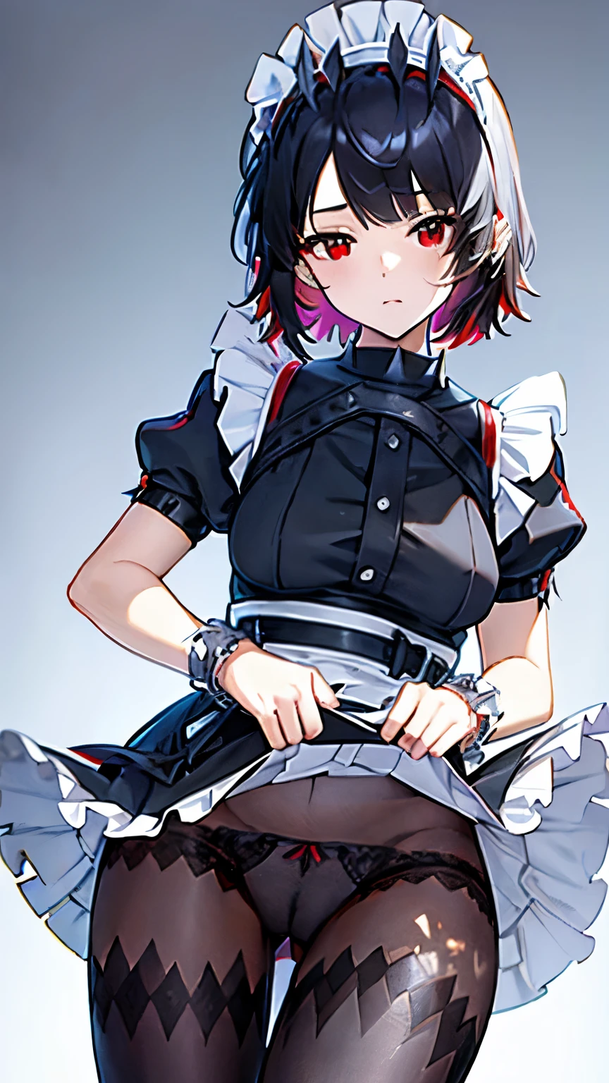nsfw,High resolution、Close-up of a close-up、ellen joe, black hair, colored inner hair, multicolored hair, (red eyes:1.3), red hair, short hair, two-tone hair,apron, black pantyhose, black shirt, black skirt, ear piercing, fins, fish tail, maid, maid apron, maid headdress, pantyhose, piercing, puffy short sleeves, puffy sleeves, shark girl, shark tail, shirt, short sleeves, skirt, tail, two-tone hair, wrist cuffs, skirtlift,panties shot