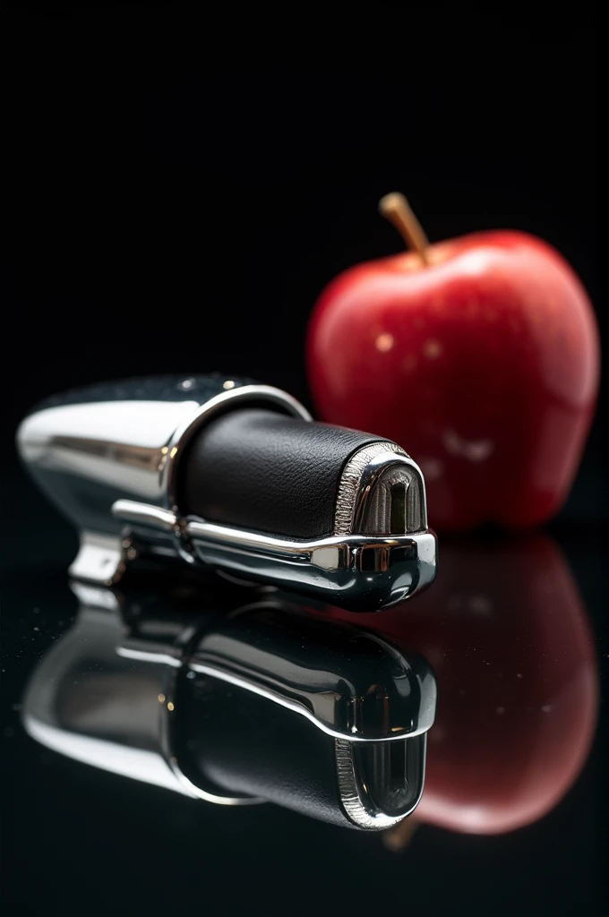 This image shows a close-up of a vintage chrome car door handle against a dark studio background. The handle is made of sleek leather and plastic materials, giving it a classic and retro design. The reflection of the handle on the shiny steel surface adds a touch of glamour to the image. In the background, there is a glazed apple placed on a desktop, creating an interesting contrast between the old-school automotive element and the modern fruit. Overall, the image captures the beauty and elegance of classic car design in