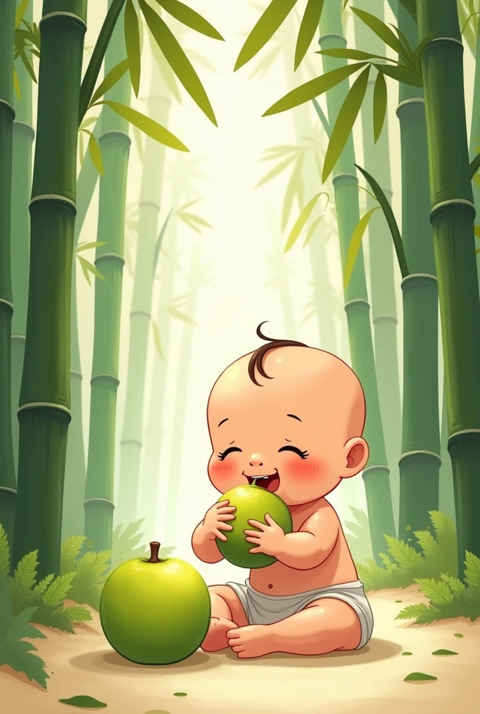 Draw a picture of a baby eating custard apple with bamboo
