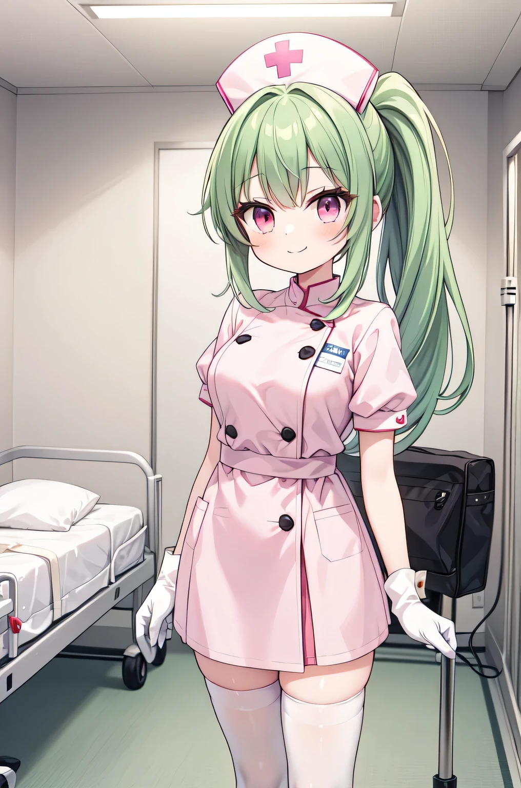 1girl, solo, nurse, nurse cap, white nurse uniform, ((white legwear, zettai ryouiki)), white gloves, ponytail, green hair, pink eyes, smile, standing, ((hospital room)), sharp outline, short sleeves, best quality, masterpiece