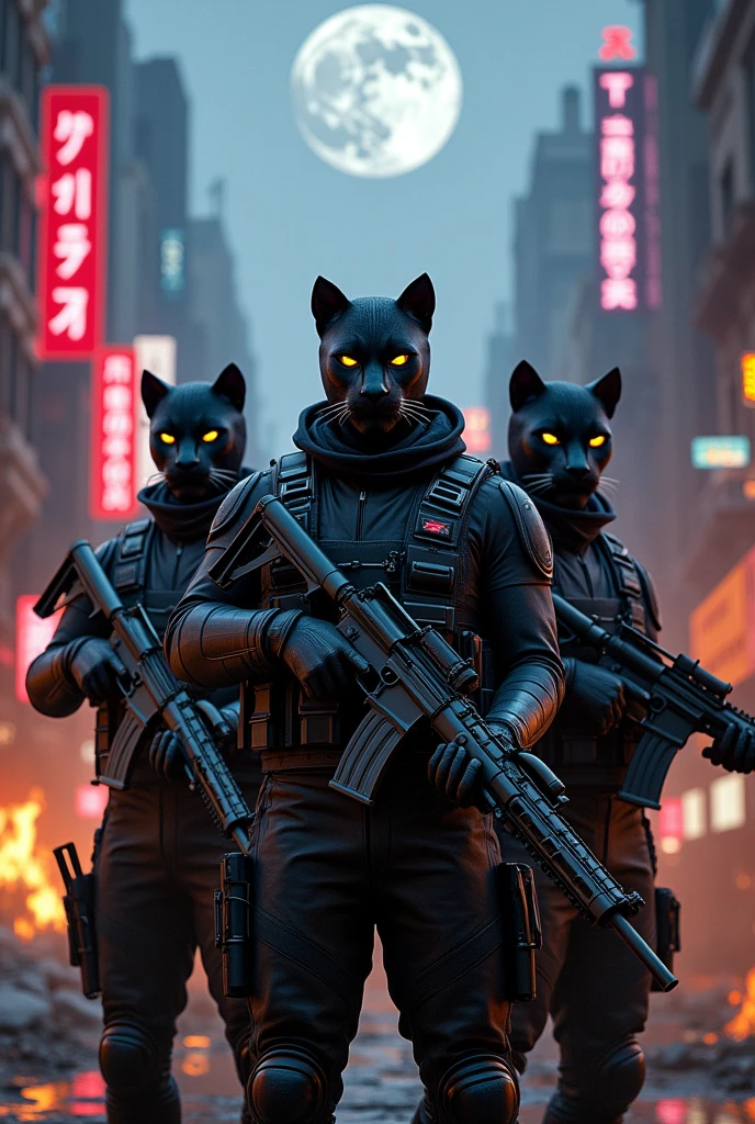 full body A hyper-realistic and detailed image depicting full body three black panther in full iron Space Special Forces gear. The 3 black panther are holding futuristic guns, standing confidently in front of a backdrop of city ruins. The scene is intense waving in the background, neon signs, and flames engulfing some of the buildings. The atmosphere is a mix of sci-fi and post-apocalyptic, with the three black panther exuding bravery and readiness for battle under a dramatic The moon falls