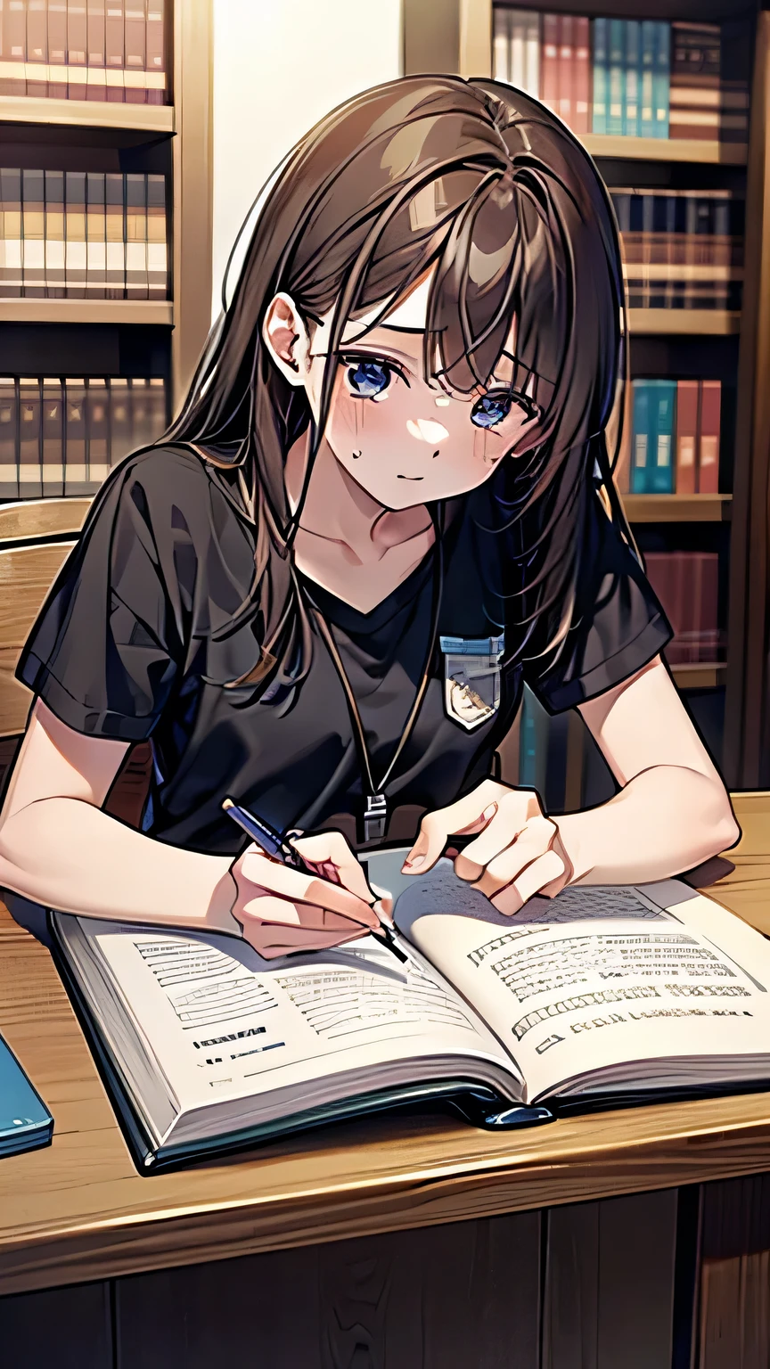 (masterpiece),(Highest quality),(Emotional)、Summer vacation homework not completed、Studying with friends in the library。