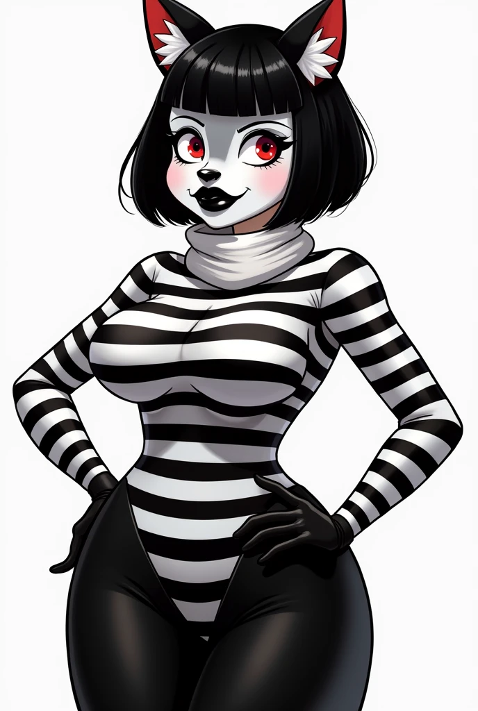 The image shows a cartoonish style mime furry wolf character in black and white, with some details in red. Big breasts It's a woman clothes black and white horizontal striped suit, that covers his torso and arms. Red eyes He wears black gloves and a white scarf around his neck. a black pencil skirt.She has a black belt around her waist, black bob haircut, thick black lips,