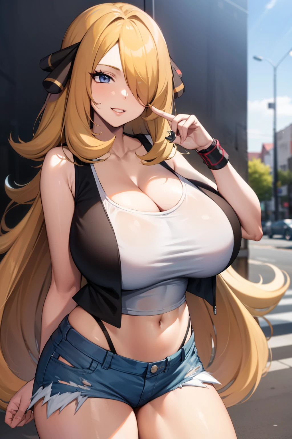 Masterpiece, best quality, girl, defCynthia, very long hair, hair over one eye, hair ornament, denim shorts, denim, short shorts, vest, shirt, wristband, sleeveless, white shirt, black vest, sleeveless shirt, standing in streets, smile, cowboy shot, collarbone, huge breasts, deep cleavage, undersized clothes, undersized clothes, navel, skindentation