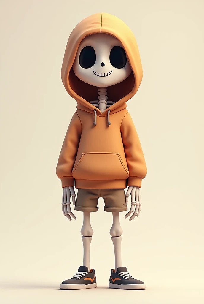A cute male skeleton game character wearing a hoodie and short pants, in a T pose stand