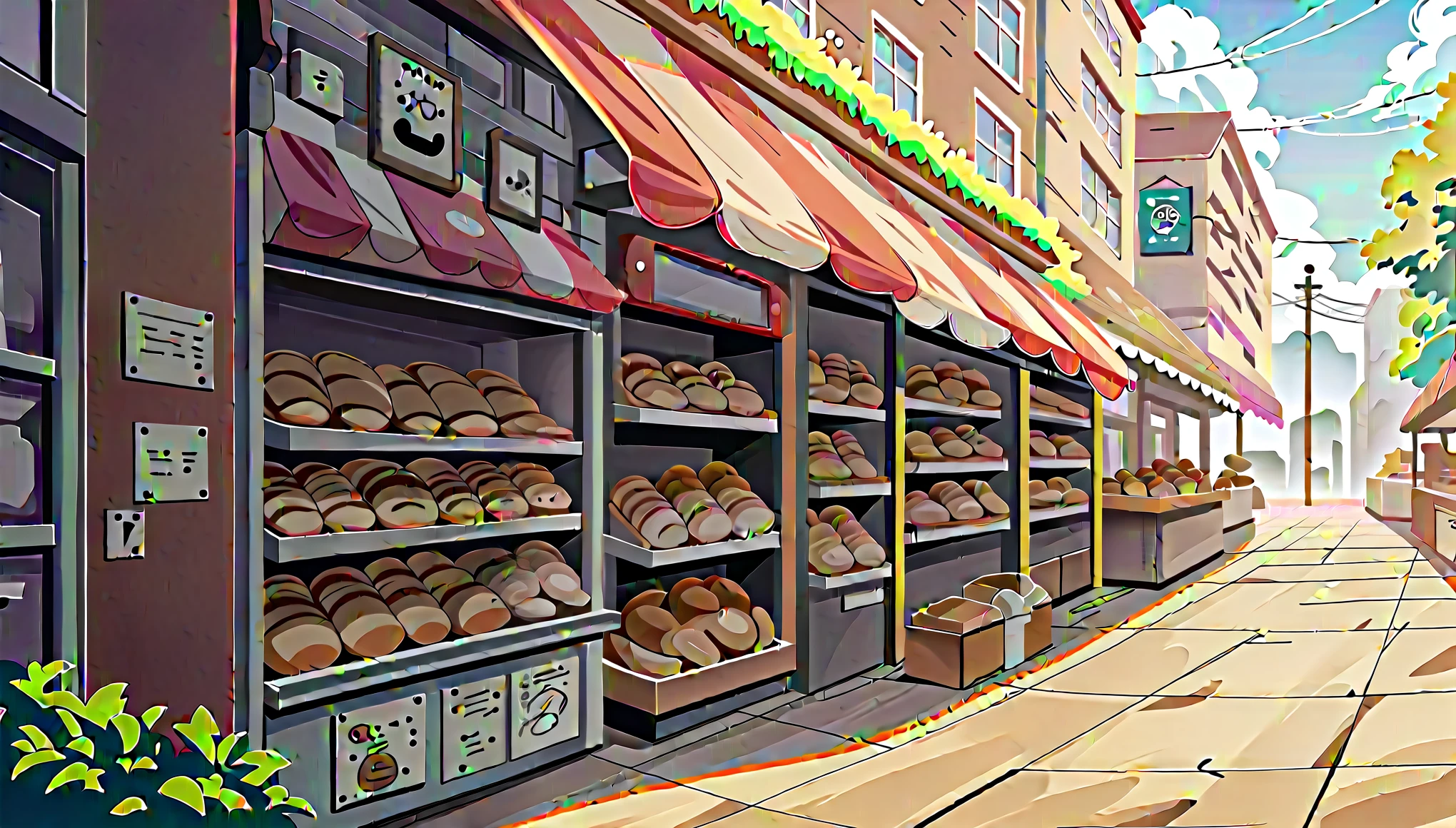 Here is a photo of a street with storefronts and sidewalks, anime Background Art, Background Art, Anime scenery concept art, Anime Background, In the background is a bakery with freshly baked goods, Bakery, Random background scenes, Background Artwork, Environmental Painting, cute Bakery shop, Painted in an anime artist&#39;s studio, Anime movie background, environmental art, Lo-fi art style, Anime-style streetscape