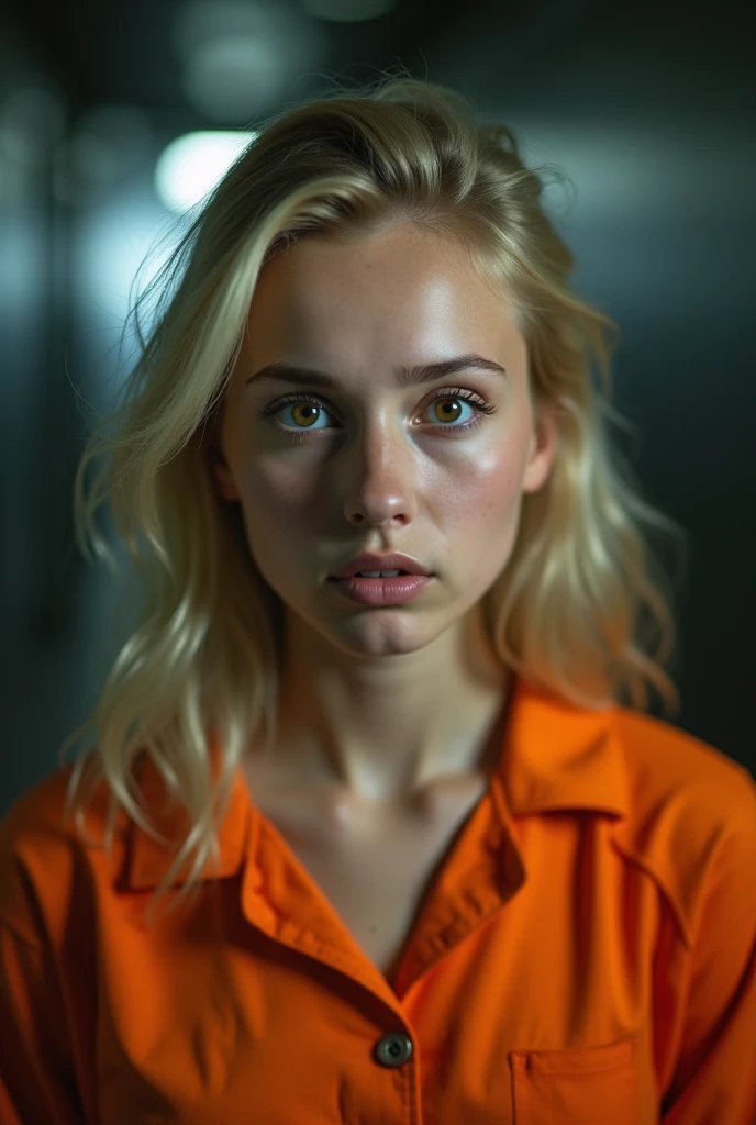 Portait of a scared young blonde russian woman in jail wearing a orange jumpsuit
