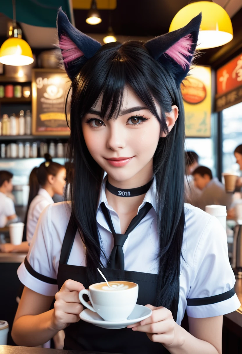 Monster Girl, Cat ear,20th Generation, waitress,Coffee shop,Realistic Women, Black Hair,cute