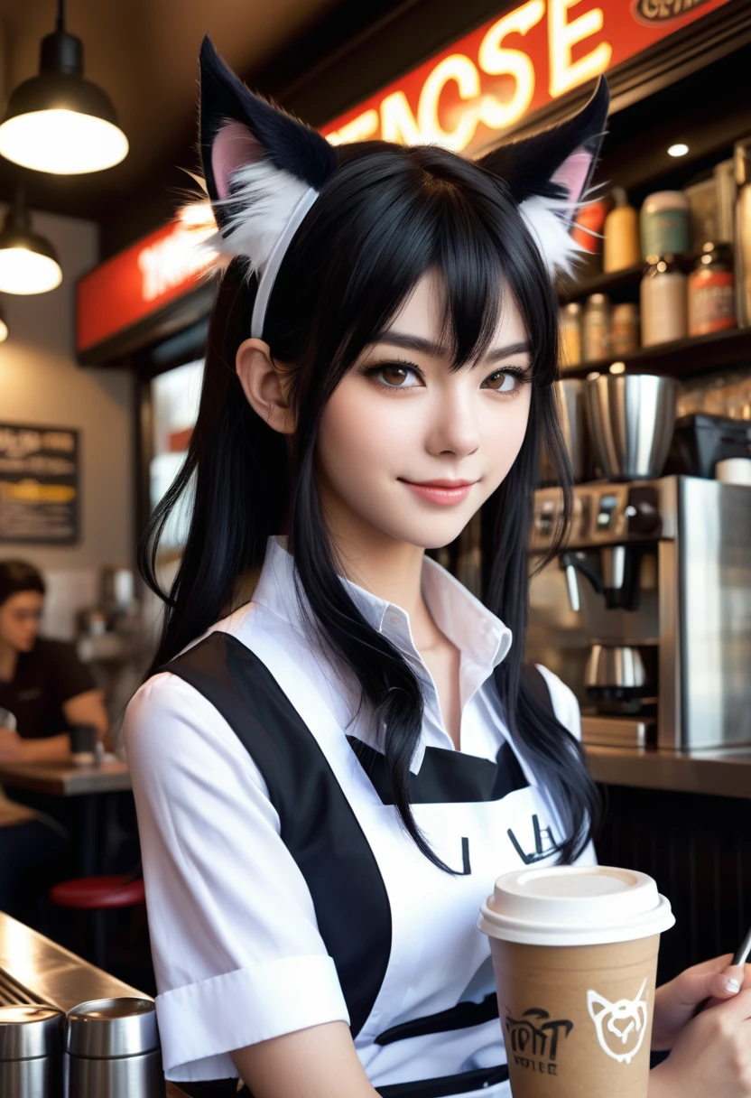 Monster Girl, Cat ear,20th Generation, waitress,Coffee shop,Realistic Women, Black Hair,cute