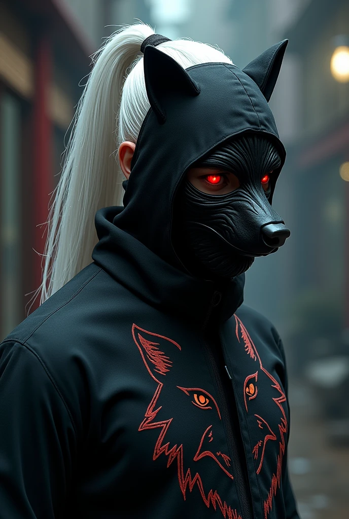 The man sniper spy Void, white hair with a ponytail, a cool samurai wolf mask, red eyes, a black assassin shirt with a wolf pattern