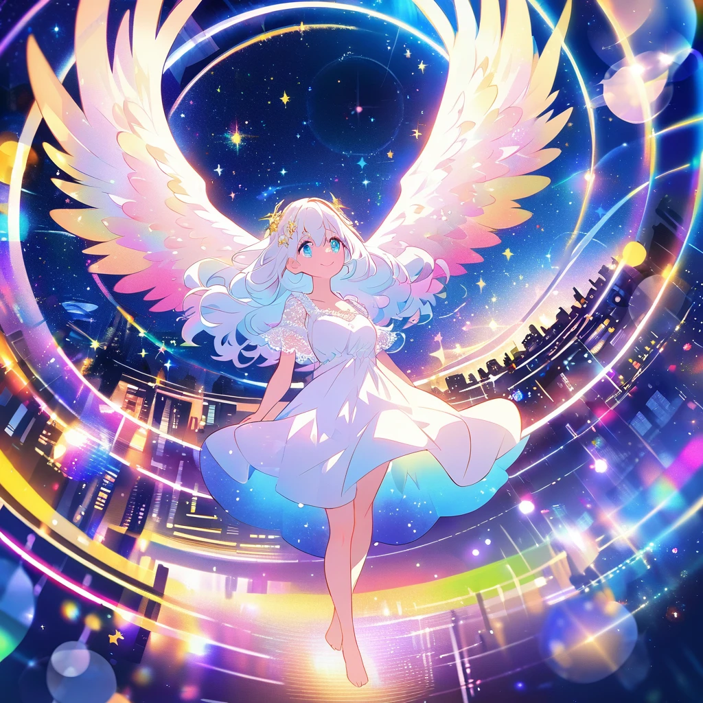 Masterpiece, top quality, 4k, ((2D illustration)), one beautiful girl, solo, ((vivid colors)), (((chibi style))), ((angel)), ((angel wings on her back)), ((long beautiful hair)), glossy light white hair, gradient hair color, cute, beautiful detailed eyes, hair between eyes, ((hair ornament)), ((lacy short sleeve white dress)), barefoot, ((full body shot)), ((joyful smile)), ((looking at the night view of the city shining like a galaxy below her), ((floating in the sky)), cool colors, ((circle of angels)), ((night)), (((lens flare))), white light, ((starry sky)), sparkle