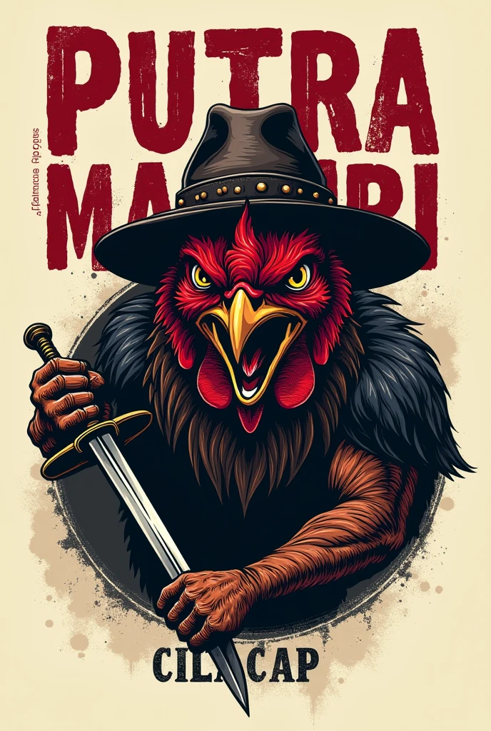 make a scary fighting cock logo wearing a hat and sword "putra mandiri farm" above and "cilacap" below the logo