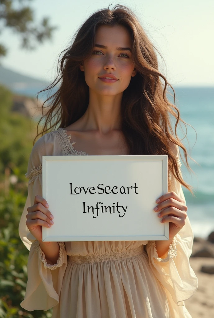 Beautiful girl with wavy long hair, bohemian dress, holding a white board with text "I Love Seaart Infinity" and showing it to the viewer