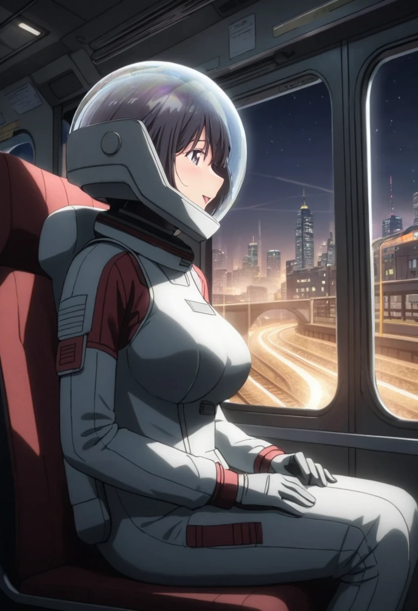 space helmet, (cinematic scene, sitting on a chair, train interior, , city view, night view: 1.5), space helmet, eva helmet, space suit, astronaut), smile bubble helmet, very detailed, speed helmet, bubble helmet, ,upper body, astronaut),eva helm, spacesuit , astronaut),girl, wearing a (spacesuit:1.15), white cargo pants, , black hair,big breasts, upper body, from side,open mouth, tongue out, drool,
