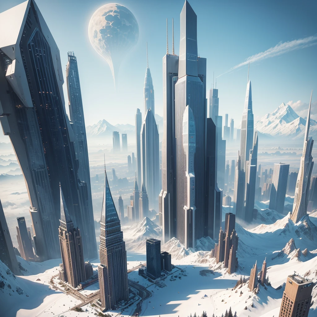 Skyscrapers line the ground,Future City,Super huge snow mountain,Best Quality,Super huge bridge,Building height1000Double,SF,future world,Super huge torii,A world beyond imagination,cyber punk,8k,Super huge castle,Dream world,masterpiece