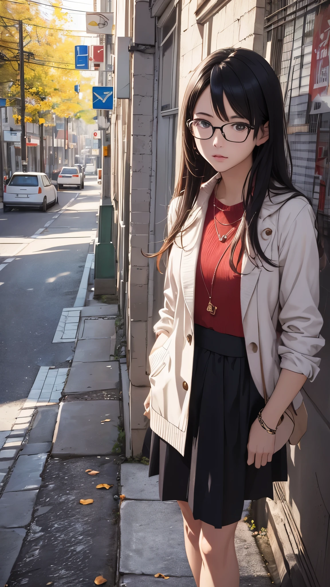(highest quality,4K,8K,High resolution,table top:1.2), super detailed, (realistic,photorealistic,photo-realistic:1.37),((full body)), Unfortunate,Glasses,((black hair)), ((long hair)),tight-design-sweater,maxi-length-long-skirt,necklace,shoes,beautiful and fine eyes, beautiful detailed lips, highly detailed eyes and face, long eyelashes, realistic anime 3D style, Smooth anime CG art, Digital rendering by Makoto Shinkai, Moe anime art style, photorealistic rendering of an anime girl, Shinkai Makoto style, Cute anime girl visuals, realistic young anime girl, girl fan art, Created by Anime Artist'studio of.