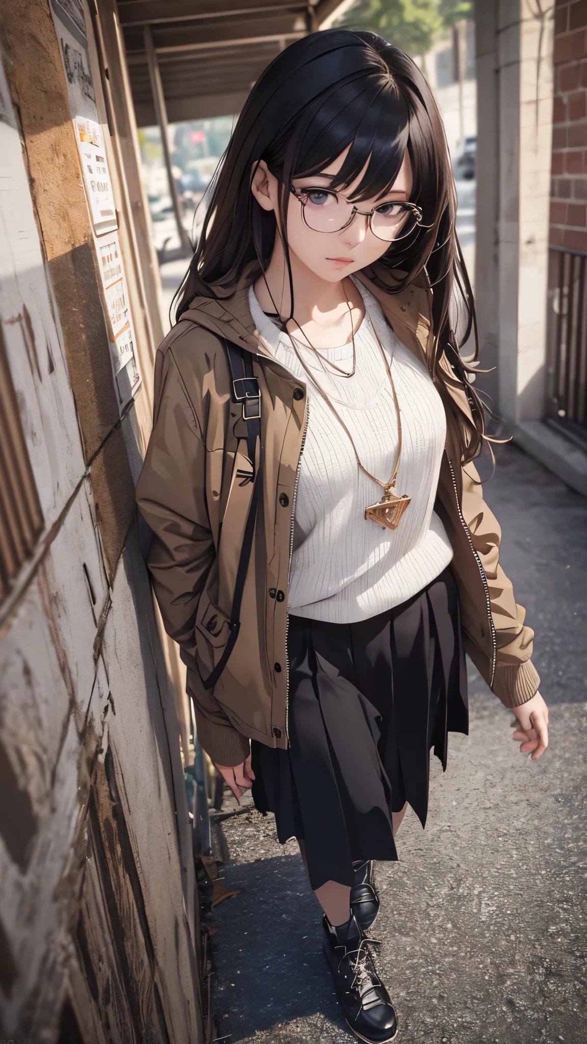 (highest quality,4K,8K,High resolution,table top:1.2), super detailed, (realistic,photorealistic,photo-realistic:1.37),((full body)), Unfortunate,Glasses,((black hair)), ((long hair)),tight-design-sweater,maxi-length-long-skirt,necklace,shoes,beautiful and fine eyes, beautiful detailed lips, highly detailed eyes and face, long eyelashes, realistic anime 3D style, Smooth anime CG art, Digital rendering by Makoto Shinkai, Moe anime art style, photorealistic rendering of an anime girl, Shinkai Makoto style, Cute anime girl visuals, realistic young anime girl, girl fan art, Created by Anime Artist'studio of.
