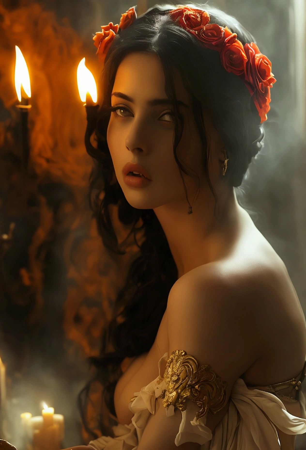 1 woman full bofy 23 years old a beautiful and sensual roman goddess having intimate love making scene in a dark room lit by torch light,, Fantasy, in the style of Quentin Tarantino, Romantic, Fresh, Moody, --c 51