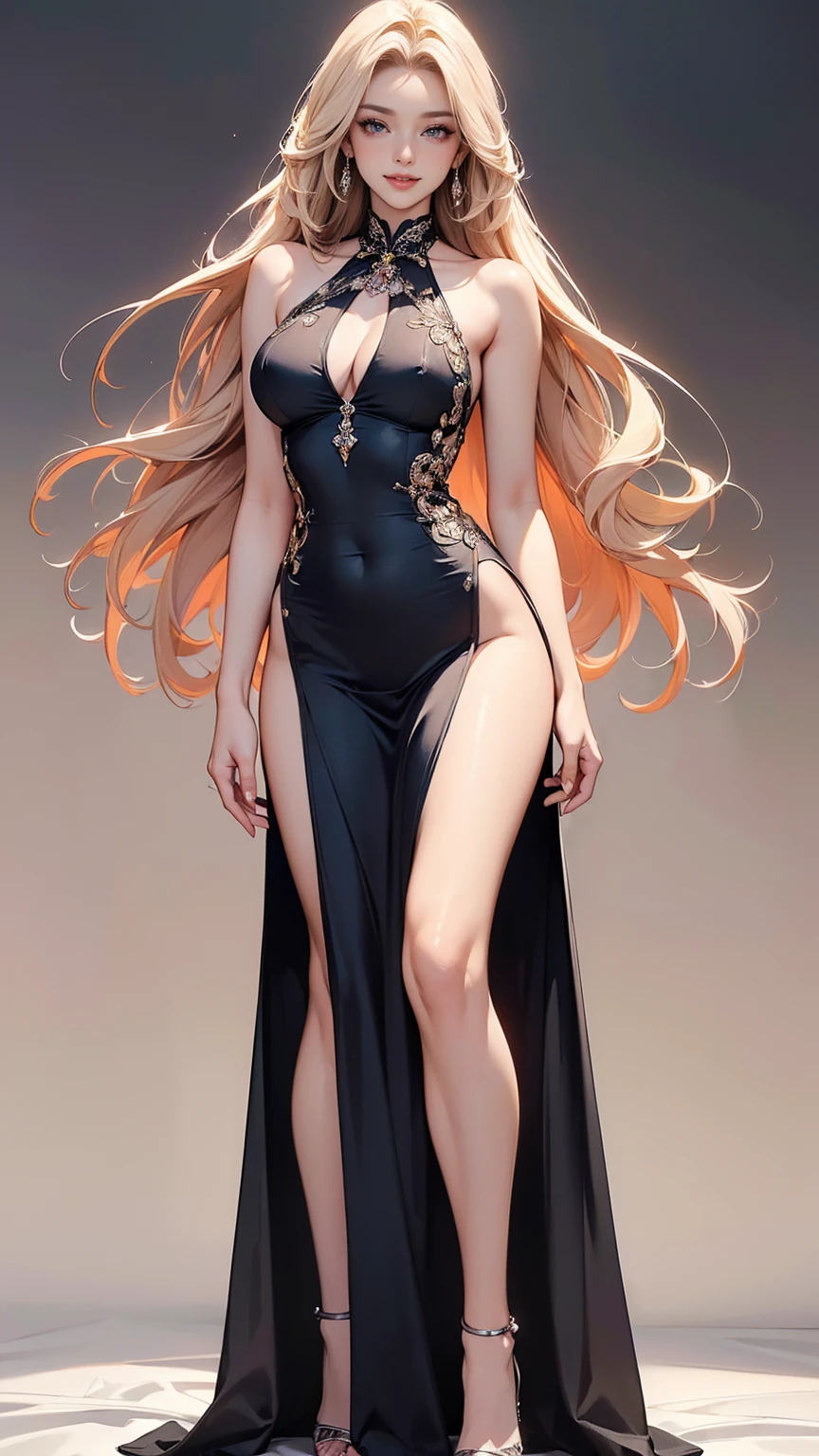 ((Masterpiece, top quality, high resolution, highly detailed CG unified 8K wallpaper)), (huge stunning goddess shot, very hot and sexy, jaw-dropping beauty, perfect proportions, beautiful body, slim body beauty), smiling, standing, (wearing One Sided Long Slit Evening Dress, Stiletto Pumps), (medium shot),