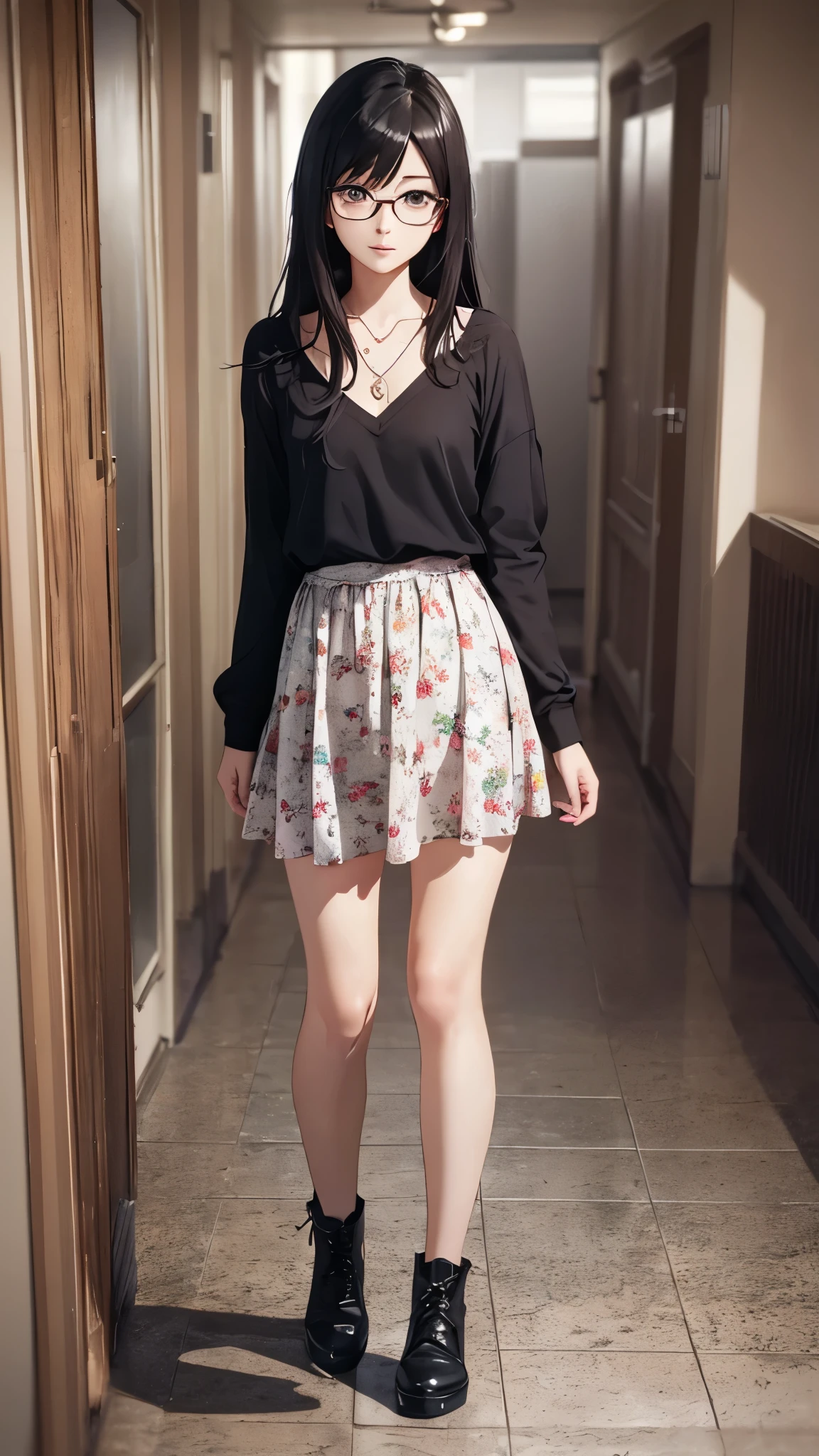 (highest quality,4K,8K,High resolution,table top:1.2), super detailed, (realistic,photorealistic,photo-realistic:1.37),((full body)), Unfortunate,Glasses,((black hair)), ((long hair)),tight-design-sweater,maxi-length-long-skirt,necklace,shoes,beautiful and fine eyes, beautiful detailed lips, highly detailed eyes and face, long eyelashes, realistic anime 3D style, Smooth anime CG art, Digital rendering by Makoto Shinkai, Moe anime art style, photorealistic rendering of an anime girl, Shinkai Makoto style, Cute anime girl visuals, realistic young anime girl, girl fan art, Created by Anime Artist&#39;studio of.