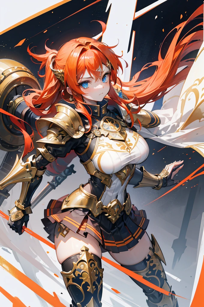 Face_through_torso, fantasy, 1girl, Solo, long_twin_tail(two-tone_red and orange_hair(7:2), hair_between_eyes), determined_face(blue_eyes), large_breasts, female warrior, strong, majestic, heroic, saved the kingdom, one of the strongest, wearing stylish and sleek white knight armor, elegant, intricate details, ornate, gold accents, high collar, pauldrons, chestplate, gauntlets, armored skirt, thigh-high boots, regal, white armor