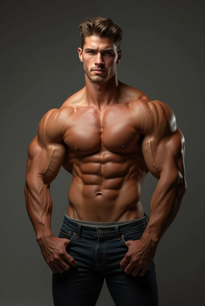 A big, muscular man,shows off her physique completely and has short hair,wears short clothes and is 20 years old,your skin tone is slightly brown and you like to show off your volume underneath a little.