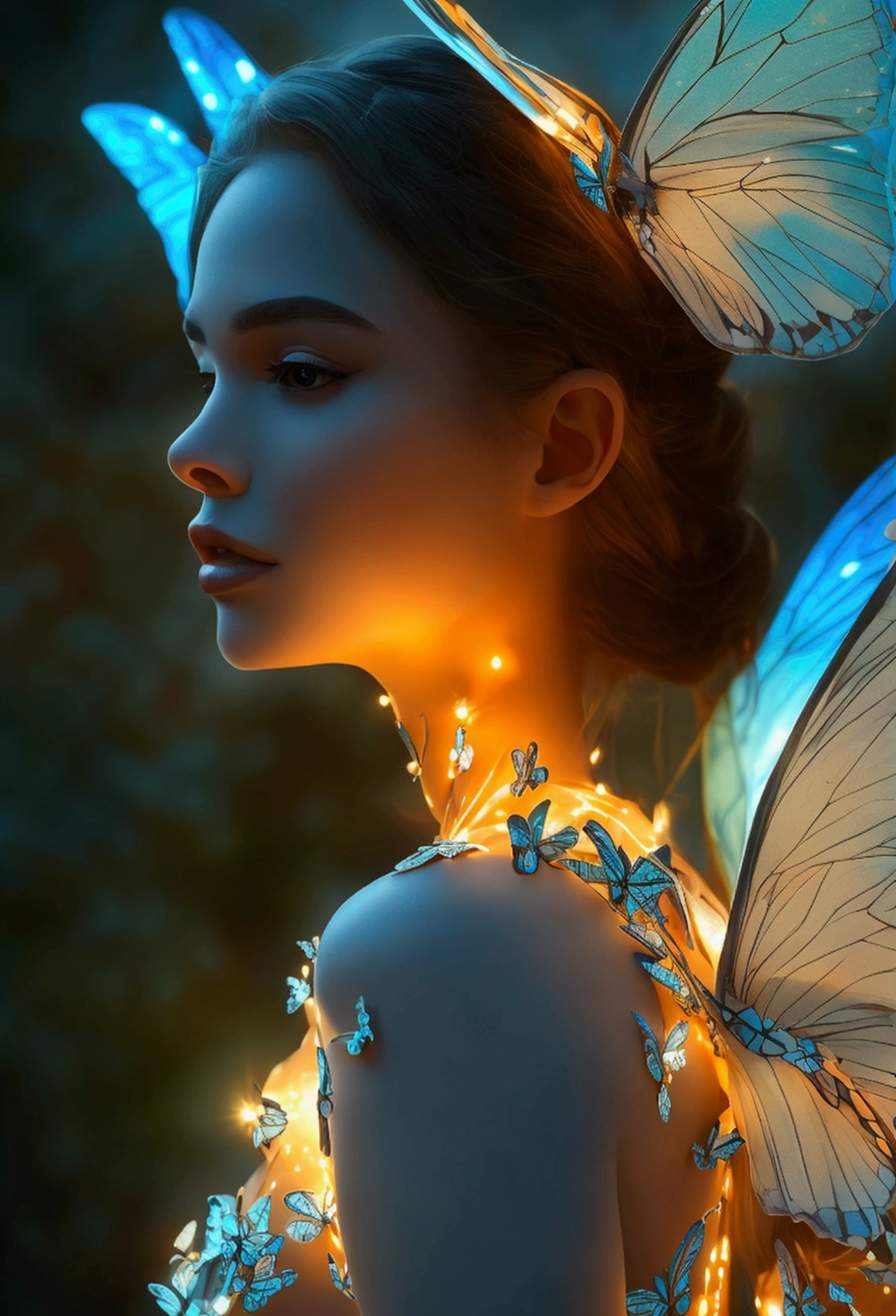 Her outfit is made of butterfly wings that light up from the inside, that glow softly in the dark. when it moves, the wings unfold and fold, creating a spectacle of light and color that transforms your figure into a magical and surreal vision.