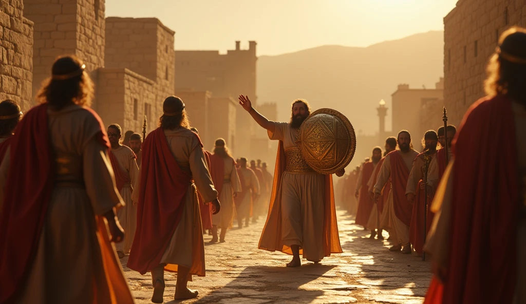 "Create a realistic cinematic scene of King David bringing the Ark of the Covenant to Jerusalem. The image must capture the grandeur and emotion of the moment., with David in regal attire, dancing and praising, surrounded by a group of soldiers and priests. The Ark of the Covenant, adorned and shiny, must be carried with reverence. The background must feature an ancient Jerusalem, with stone houses and citizens watching the event with admiration. Sunlight must reflect on the Ark, Creating a mystical effect. The mood should convey a sense of joy and celebration., emphasizing the spiritual importance of this moment in biblical history."