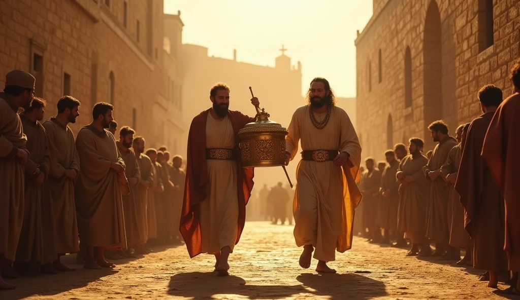 "Create a realistic cinematic scene of King David bringing the Ark of the Covenant to Jerusalem. The image must capture the grandeur and emotion of the moment., with David in regal attire, dancing and praising, surrounded by a group of soldiers and priests. The Ark of the Covenant, adorned and shiny, must be carried with reverence. The background must feature an ancient Jerusalem, with stone houses and citizens watching the event with admiration. Sunlight must reflect on the Ark, Creating a mystical effect. The mood should convey a sense of joy and celebration., emphasizing the spiritual importance of this moment in biblical history."
