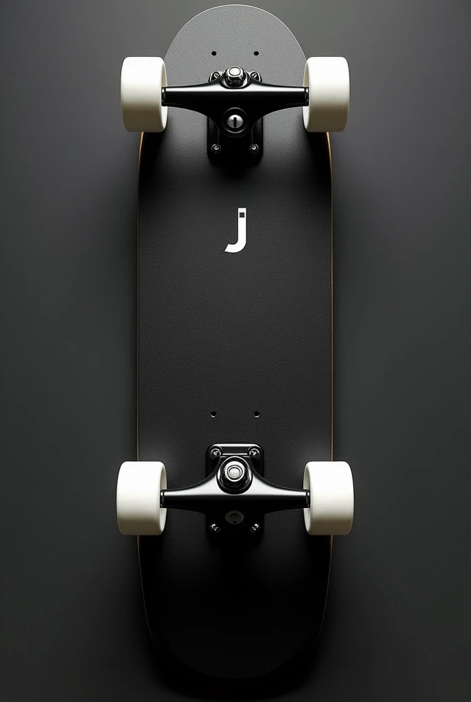 The bottom of a real black skateboard deck with a small letter J and white wheels 