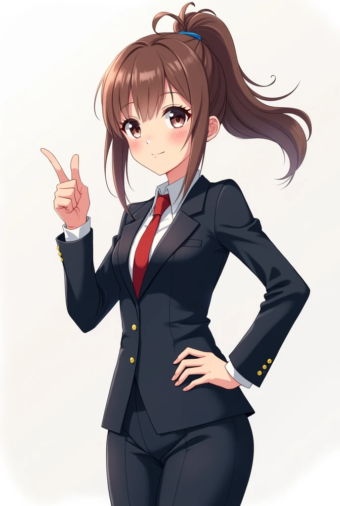 A female anime miniature character with brown hair and a bun, wearing a suit and making a &quot;Good&quot; pose