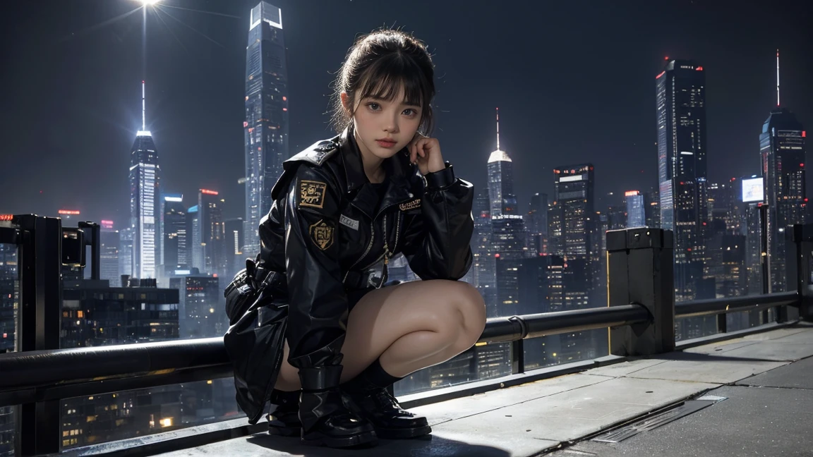 Living in a decadent world of the near future、Scottish fold kitten in combat uniform(White and Tiger、Folded ears)、Cyberpunk Fashion、blade runner worldview、Asian Skyscrapers、''((it's raining)、fog、(Realistic depiction)、Beautiful woman looking up at the sky from the ground