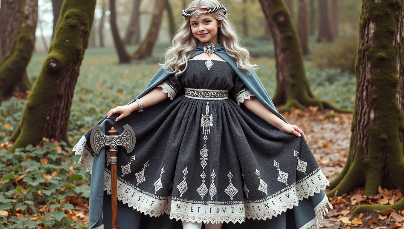 A beautiful photo of tween wearing a Norse style charcoal grey woolen gown with elegant pale azure blue princess style apron, runes of family, love, healing and protection are embroidered along it, with knee high stockings, white doeskin boots, and a beautiful cloak with silver white collar, has golden white hair. The hairstyle is elegant loose waves with a Dutch braided crown with a silver diamond circlet with a triforce gem, holding a magical axe, white leather magic bag, warrior princess, shadow cat is a pale grey-white, the color of thick mountain morning mist, beautiful plus sized girl, 12k, ancient Norse, Large chest, wide hips, thick thighs, perfect lilac color eyes