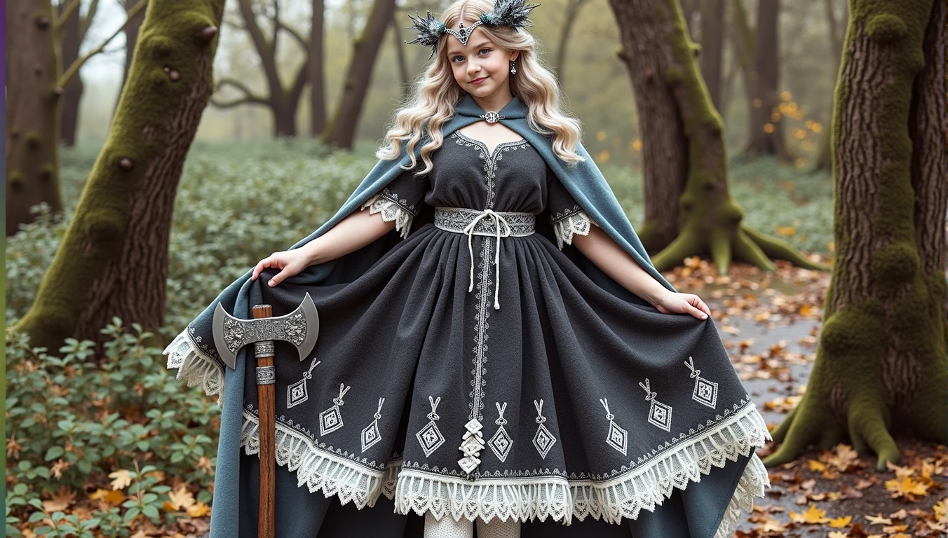 A beautiful photo of tween wearing a Norse style charcoal grey woolen gown with elegant pale azure blue princess style apron, runes of family, love, healing and protection are embroidered along it, with knee high stockings, white doeskin boots, and a beautiful cloak with silver white collar, has golden white hair. The hairstyle is elegant loose waves with a Dutch braided crown with a silver diamond circlet with a triforce gem, holding a magical axe, white leather magic bag, warrior princess, shadow cat is a pale grey-white, the color of thick mountain morning mist, beautiful plus sized girl, 12k, ancient Norse, Large chest, wide hips, thick thighs, perfect lilac color eyes