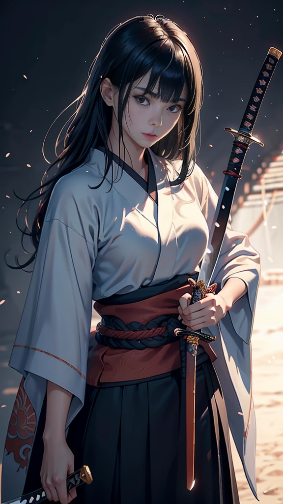 Cowboy Shot、((White Background))、One Woman、Very beautiful woman、Slender women、Thin eyebrows、Watery eyes、(warrior:1.2)、(Detailed face)、Realistic Skin、((Delicate photo)),(Girl Astepeace RAW Photo Details:1.25), (Highest quality:1.6), (Ultra-high resolution:1.5), (Realistic:1.75), 8k resolution, Absurd, Very detailed,Cinema Lighting,(Sengoku period)、((Long hair with bangs))、((Long Japanese sword))、(((Holding the hilt of the Japan sword:1.3)))、In combat、The wind is blowing、kimono、A beautiful woman beloved by the God of War rules the battlefield with a sword in her hand.、1 Woman Standing, pulling Japanese sword from sheath on waist, (艶のある紫色のkimono) 、(Black Hakama), ((Shimmering Blade)), (gripping katana sword sheath:1.5) , Japanese Costume