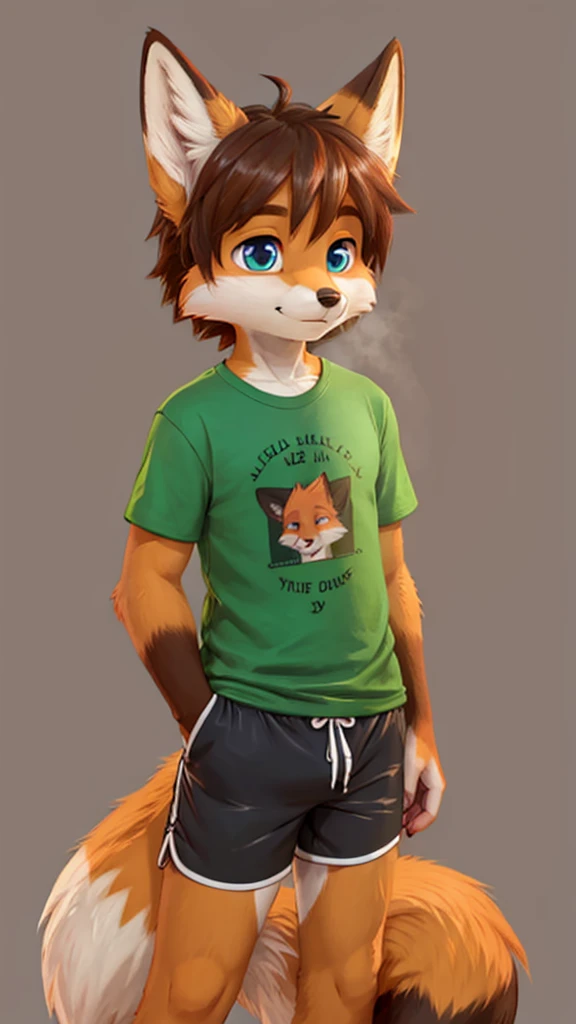 fox boy, shorts, t-shirt, plain background