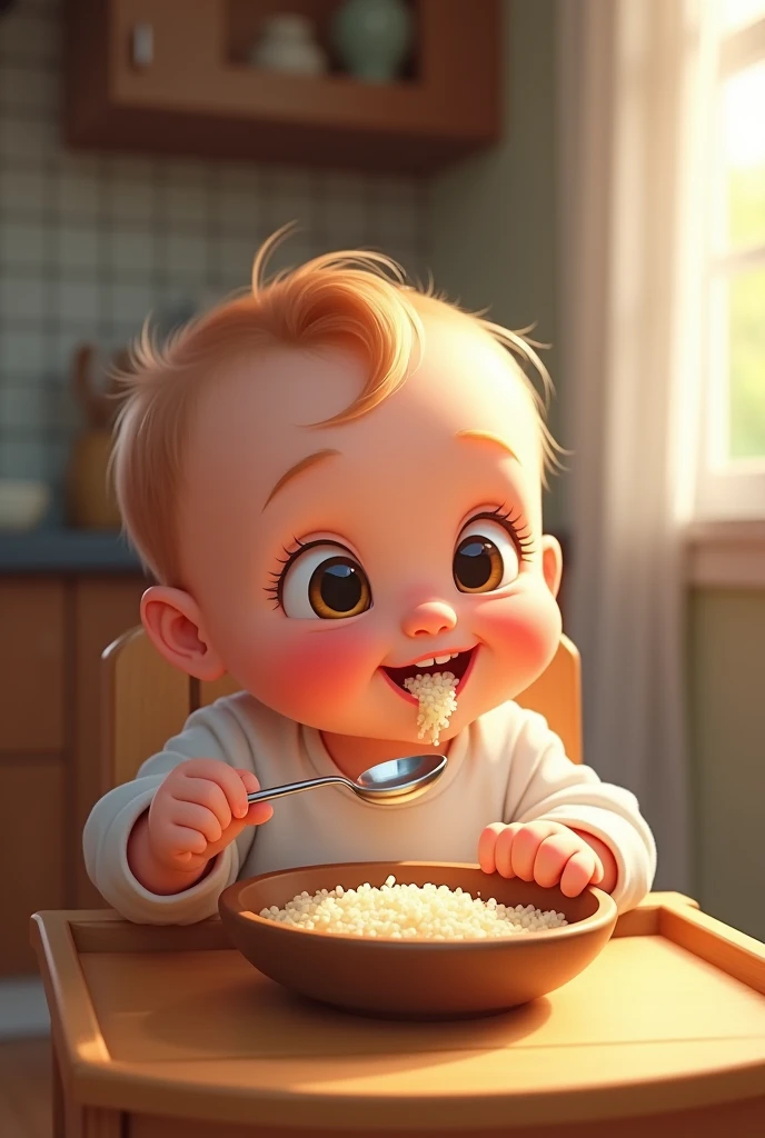 Draw a picture of a baby eating rice with a spoon