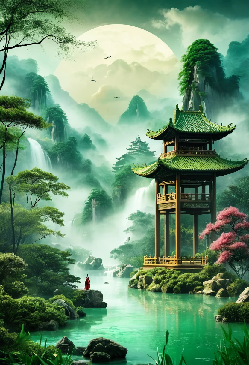 /I H entry screen, A woman in Hanfu stands among the bamboo groves, an epic fantasy scene with dark clouds in the sky and smoke effects, in the style of a Chinese ink painting depicting the martial arts world with cloud mist effects, like movie footage. background Miniature Landscape, Milk white transparent water, Brand design, Artistic decoration, Chinese Landscape Resin Work Table, Chinese Song Dynasty Landscape Painting,--ar 2:3 --quality 2 --style raw --sref 3345888893 --personalize --sw 700 --stylize 1000 --v 6.1