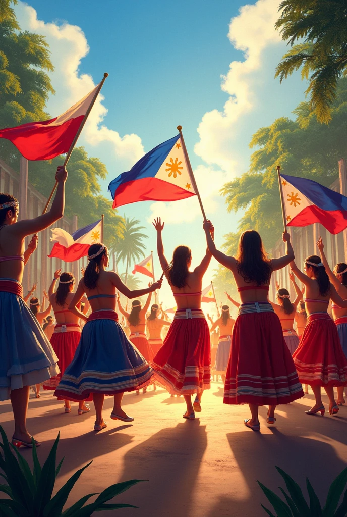 Make me an pubmat buwan Ng wika and the people were dancing with flag 